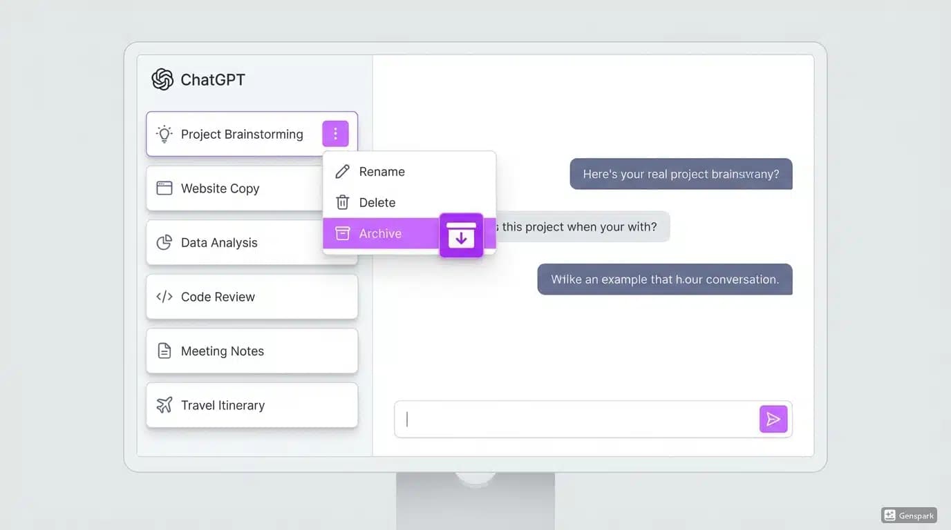 Modern ChatGPT interface showing the archive feature with a highlighted archive button on a conversation card. Clean sidebar showing organized active chats with archive icon visible on hover.