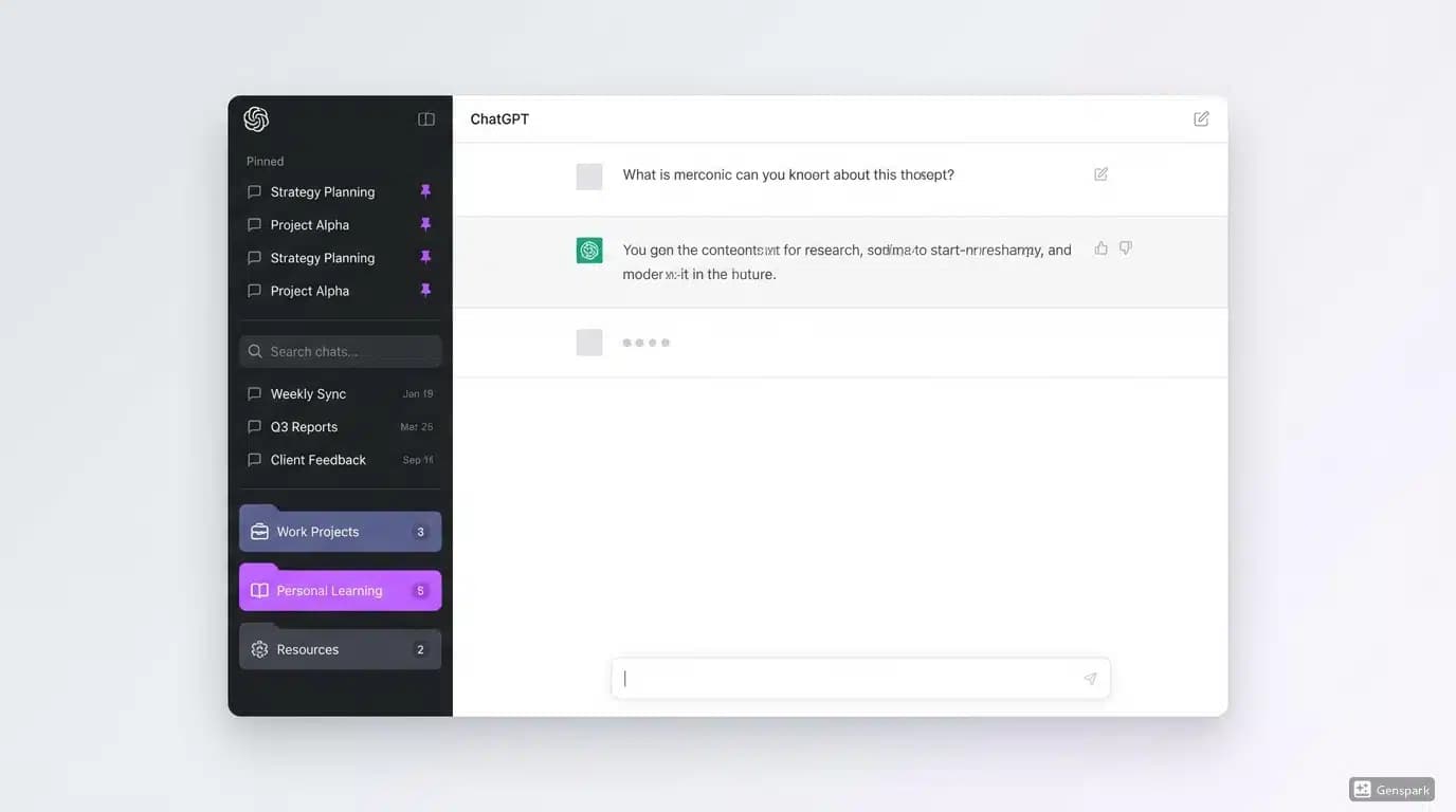 Clean, organized ChatGPT interface showing folders, pinned chats, and search features with labeled organizational elements for perfect chat management.