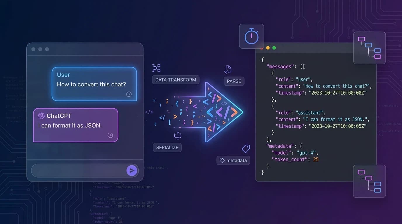 Modern developer interface showing ChatGPT conversations being exported to JSON format with code snippets and structured data visualization