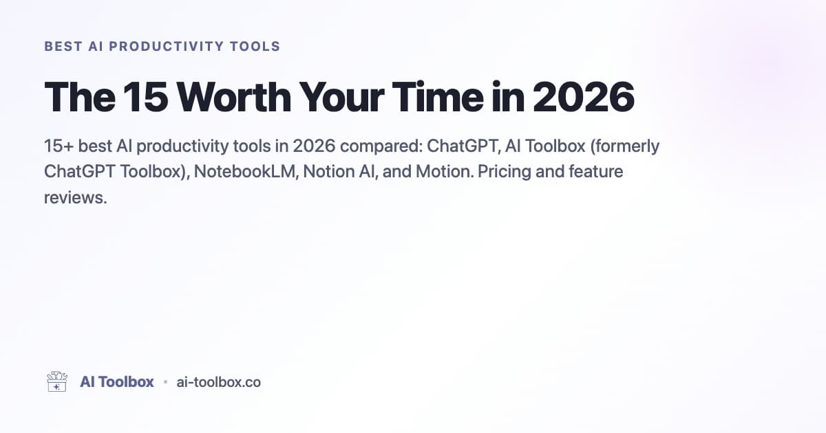 Grid display of leading AI productivity tools including ChatGPT, NotebookLM, Notion AI, Motion with feature icons and productivity metrics