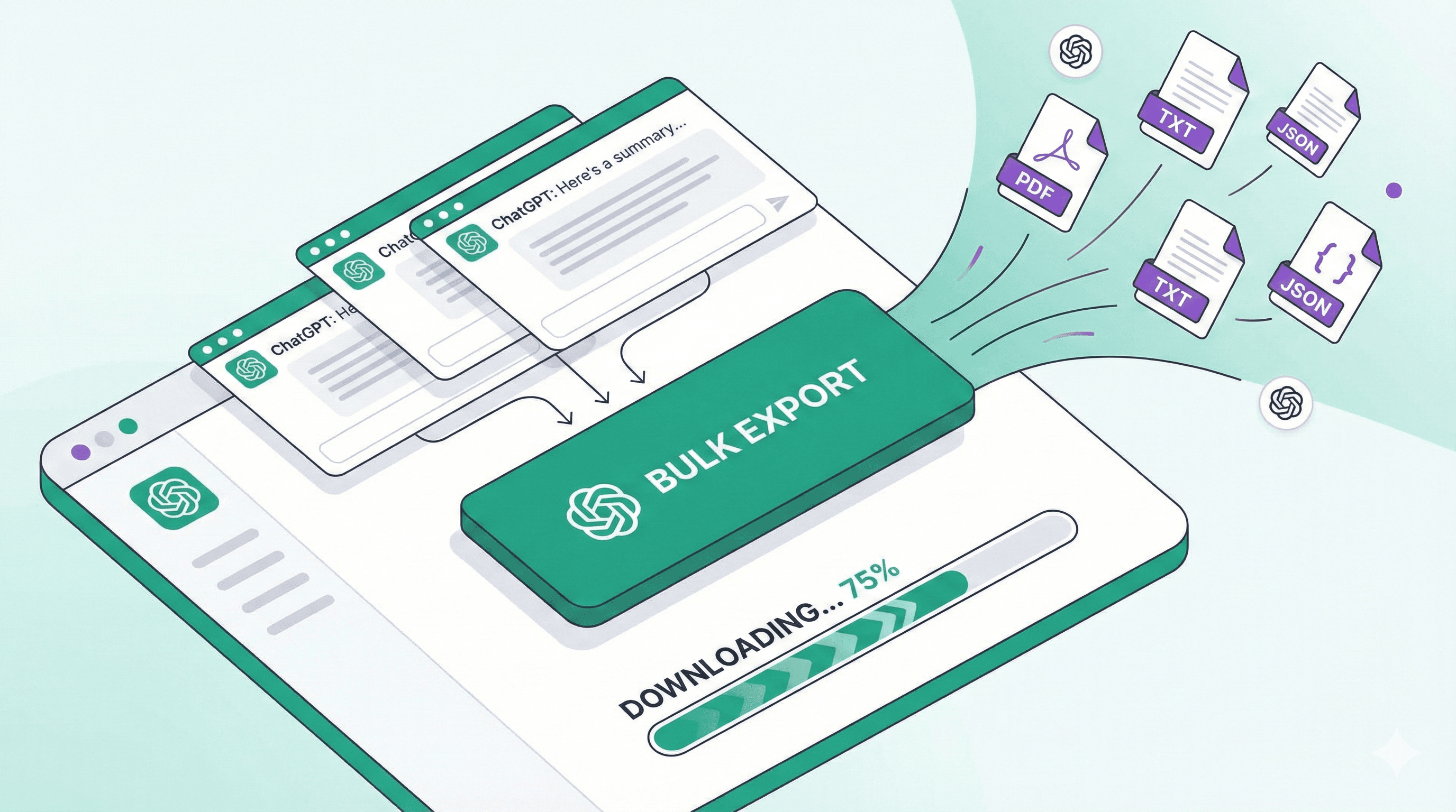 Create a modern, professional illustration showing multiple ChatGPT conversation windows being exported simultaneously into various file formats (PDF, TXT, JSON). Show a user interface with a prominent "Bulk Export" button, file icons floating around, and a download progress indicator. Use teal and white color scheme with purple accents. Include subtle ChatGPT logo elements. Style: clean, minimalist, tech-focused, isometric view.