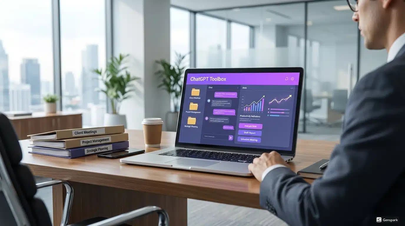 Professional business setting with a sleek laptop displaying ChatGPT interface enhanced with ChatGPT Toolbox features. Business professional in modern office using organized folders for client meetings, project management, and strategic planning.