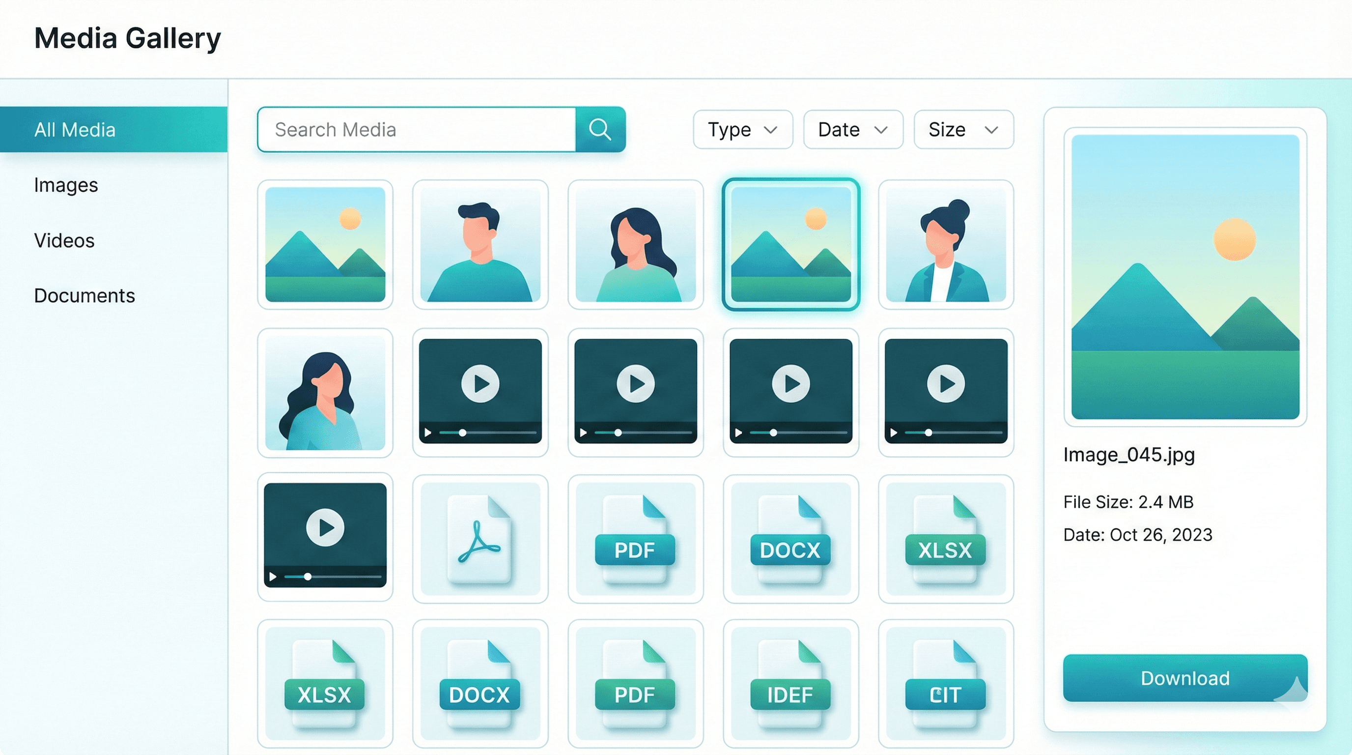Create an illustration of a media gallery interface showcasing images, videos, and files organized in a grid layout. Show thumbnails of various media types (photos, PDFs, documents) with a sleek, modern gallery viewer UI. Include search bar, filter options, and preview panel. Use teal and white colors with smooth gradients. Style: clean, modern UI design, slight 3D depth.