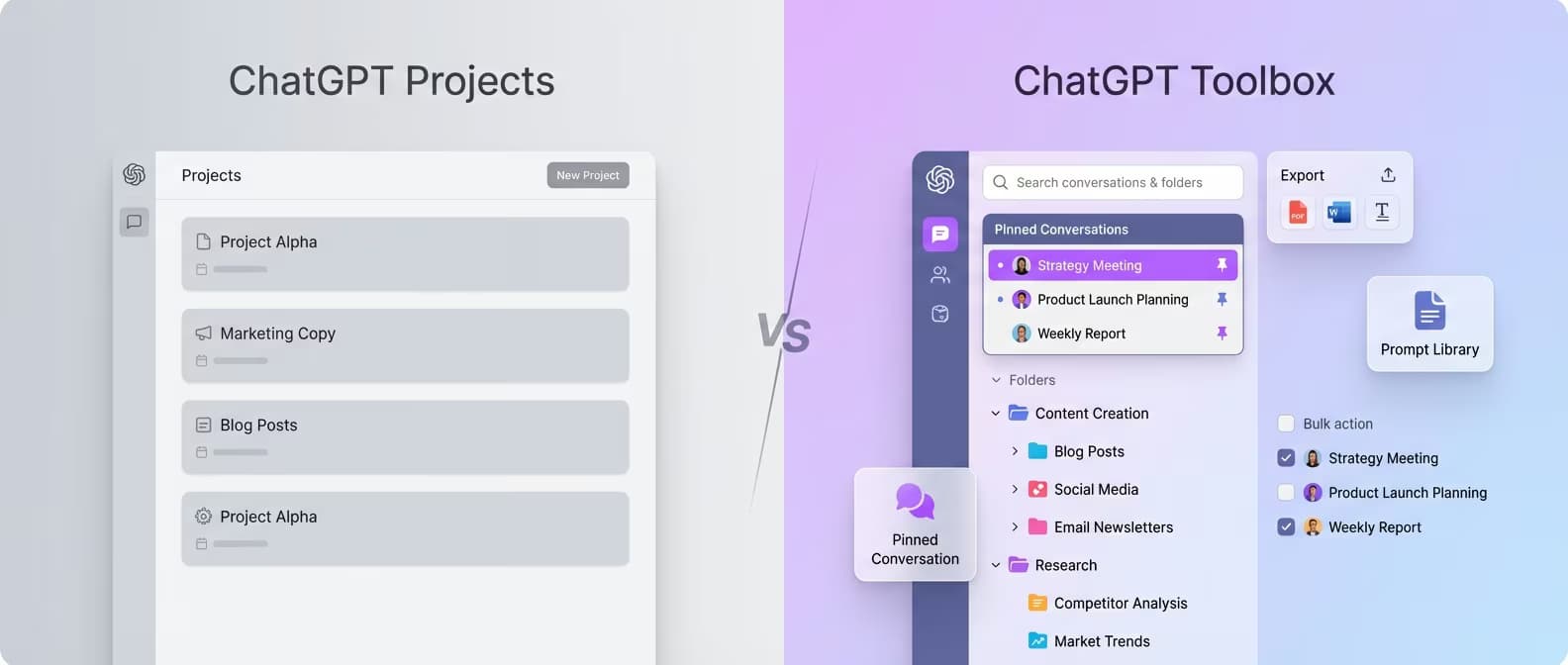 Side-by-side comparison of ChatGPT Projects and ChatGPT Toolbox organization interfaces