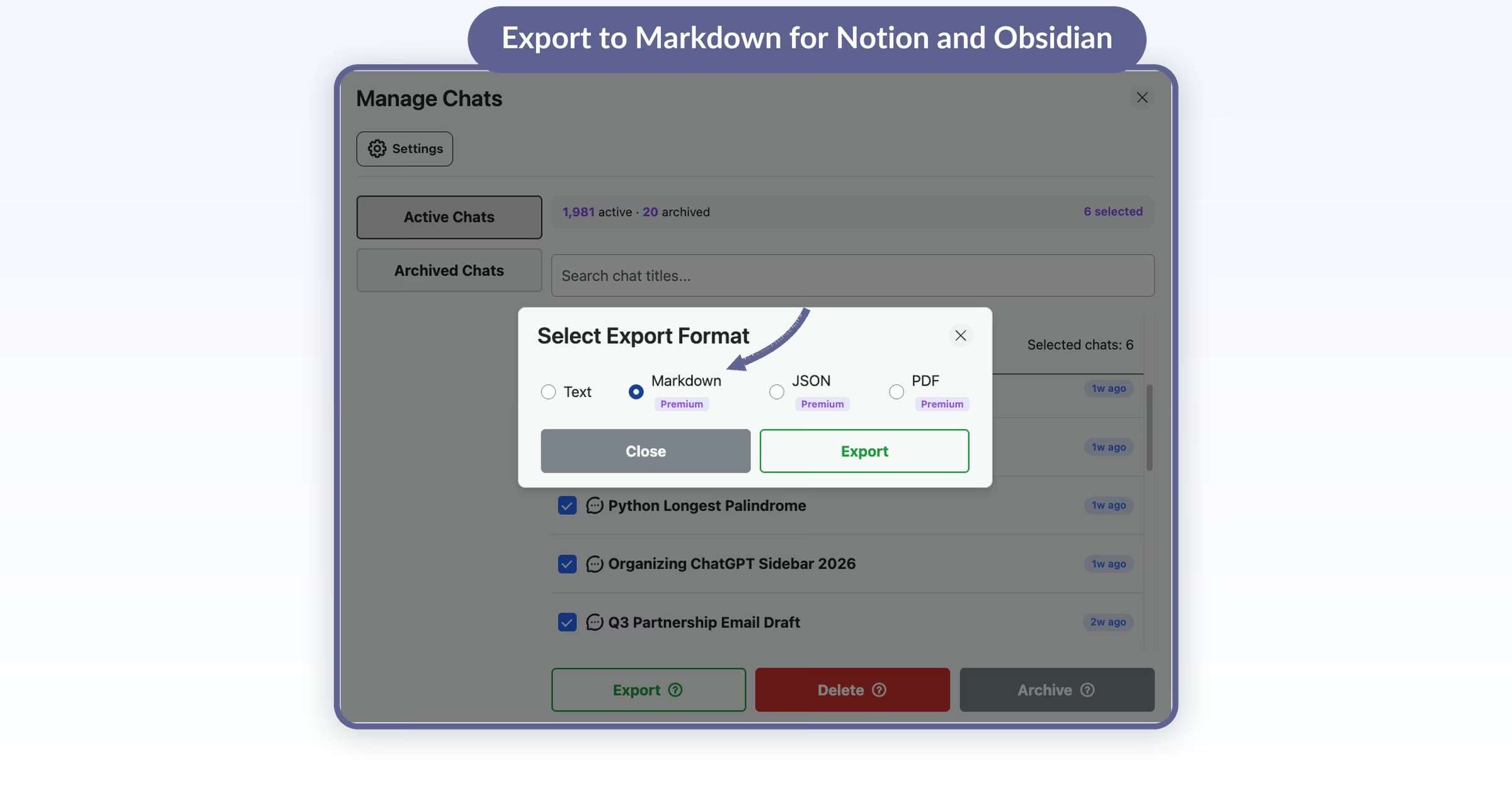 AI Toolbox bulk export modal with Markdown format selected, showing 6 ChatGPT conversations checked for export to Notion and Obsidian