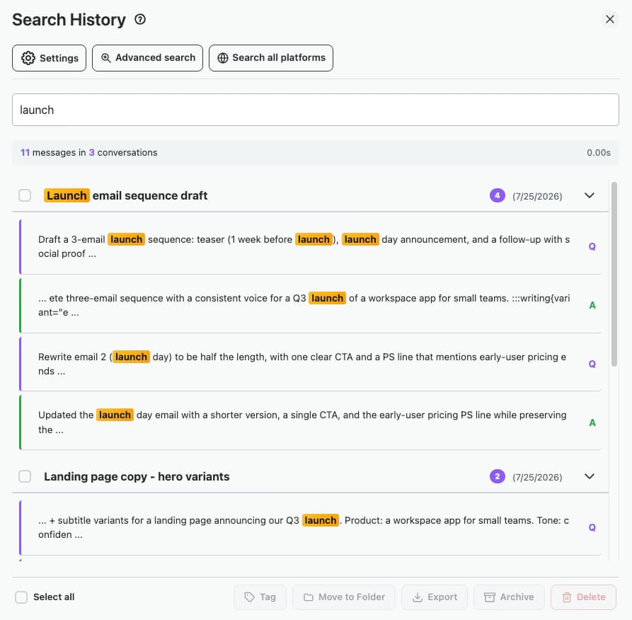 Search History panel showing 'launch' matched in 11 messages across 3 conversations, with per-message highlights and bulk actions