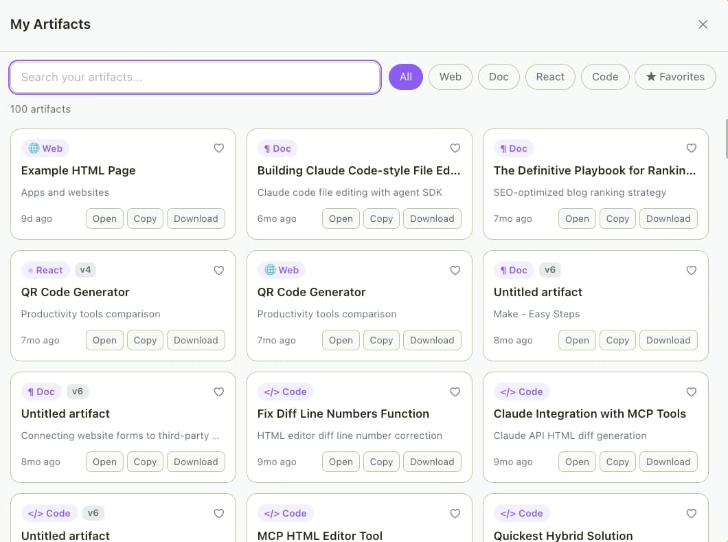 Artifact Vault listing 100 Claude artifacts filtered by Web, Doc, React, and Code with Open, Copy, and Download actions