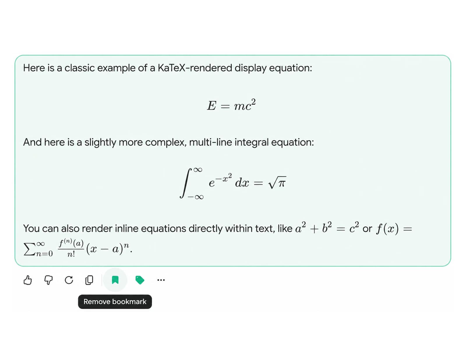 Bookmark toggle in the message action bar of a Gemini response
