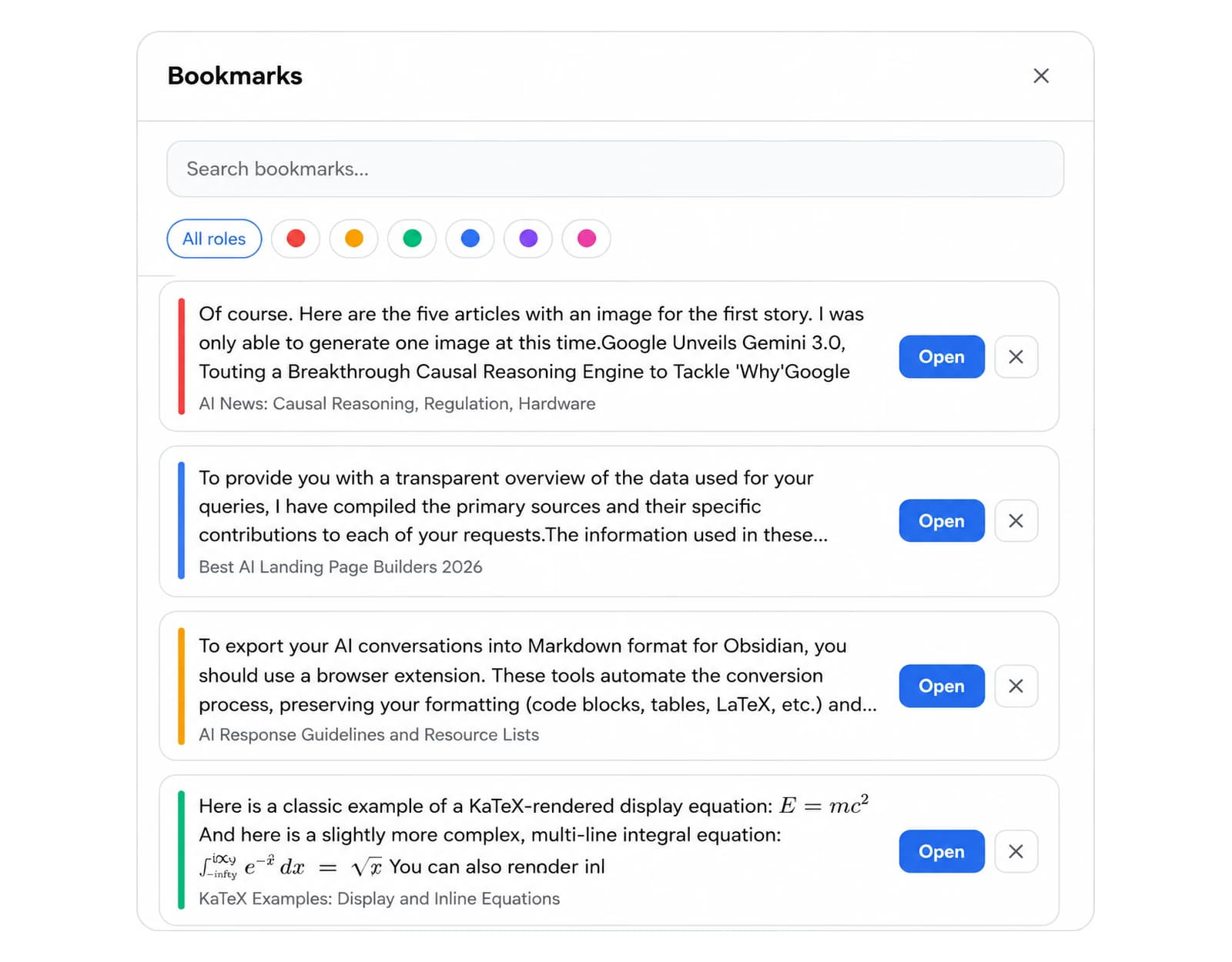 Bookmarks panel with search, color filters, and saved replies each linked to their conversation