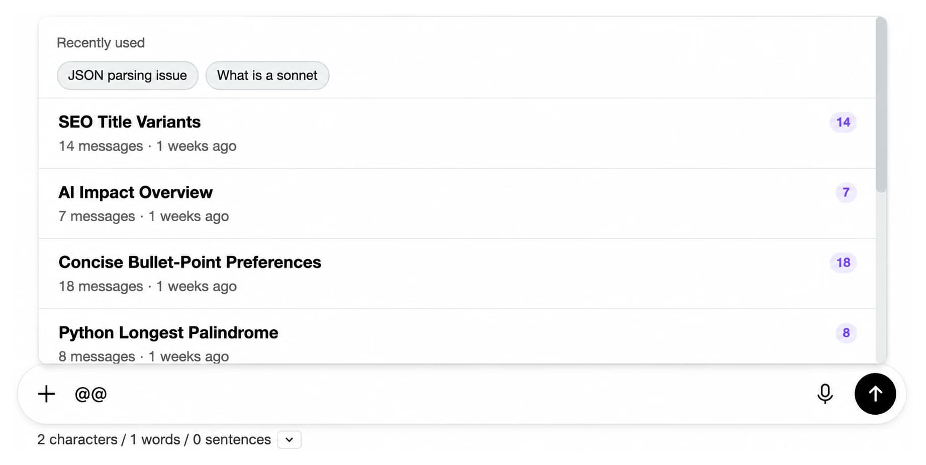 Context Mentions picker opened by typing @@ listing recent conversations with message counts