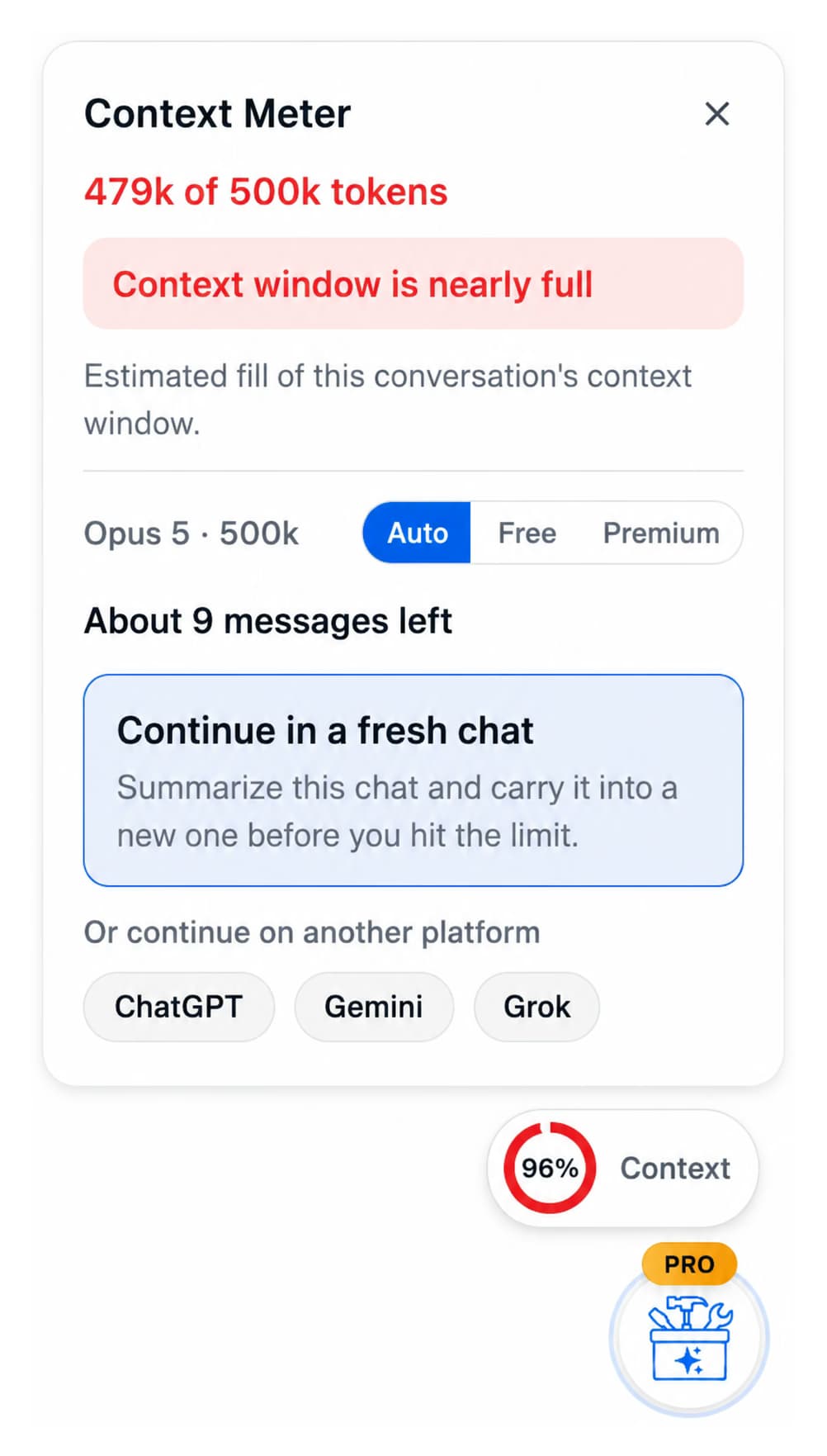 Context Meter panel at 479k of 500k tokens with 'About 9 messages left' and a Continue in a fresh chat handoff