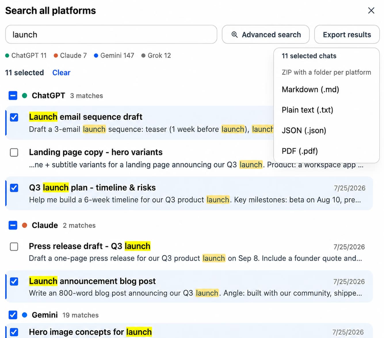 Search all platforms results grouped by ChatGPT, Claude, Gemini, and Grok with the Export results menu open (ZIP, Markdown, plain text, JSON, PDF)