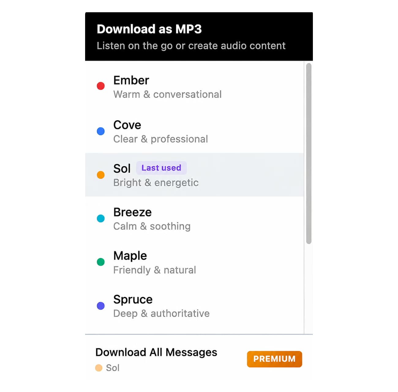 Download as MP3 menu listing six voices with a Download All Messages option