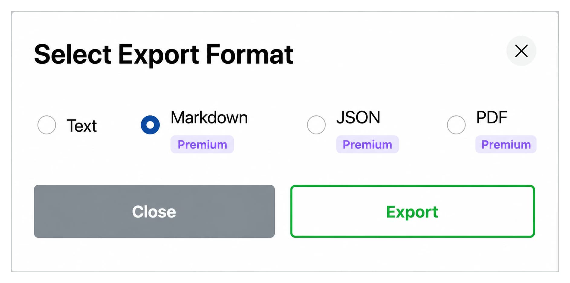 Select Export Format dialog with Text, Markdown, JSON, and PDF options
