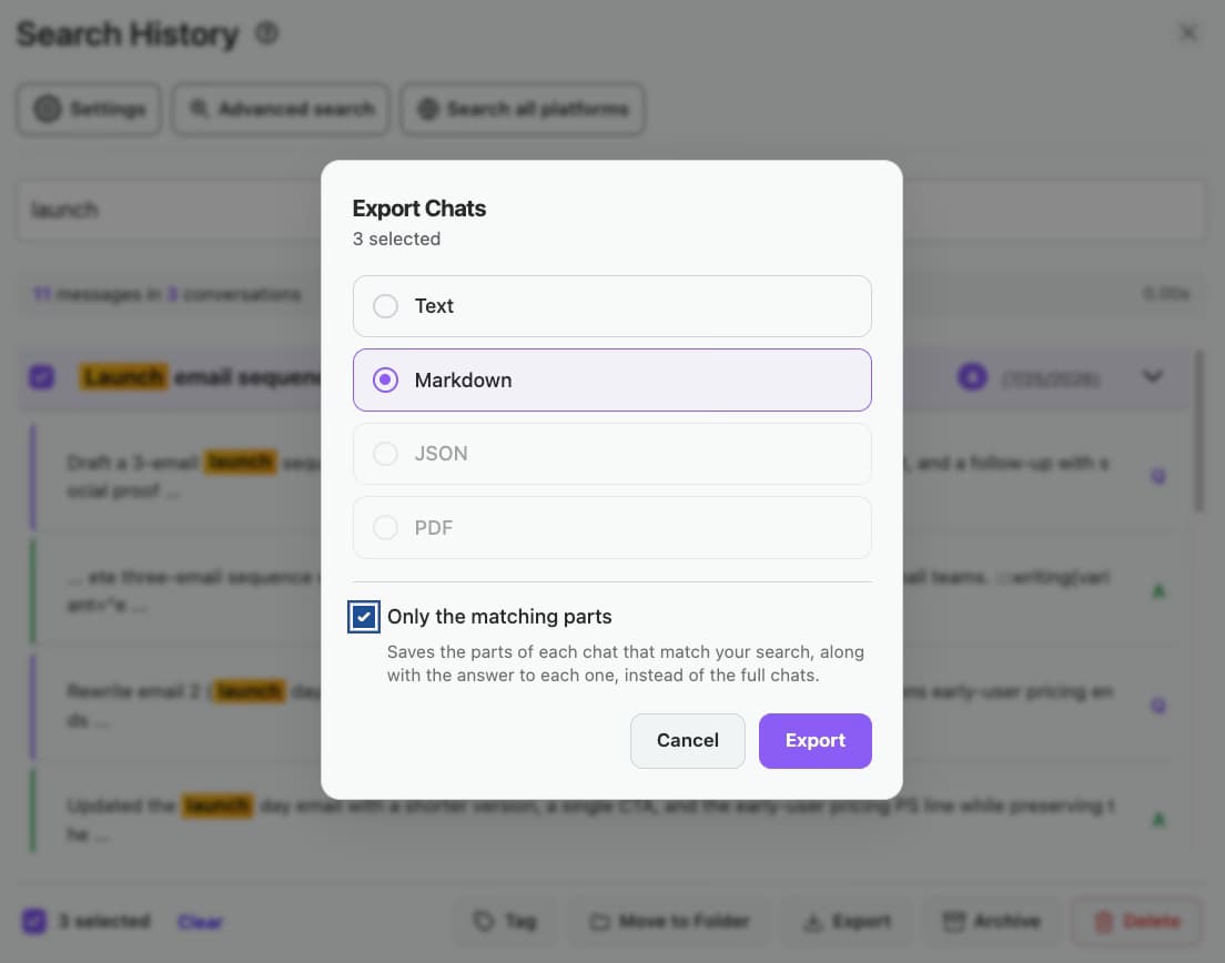 Export Chats dialog over search results with the 'Only the matching parts' option checked