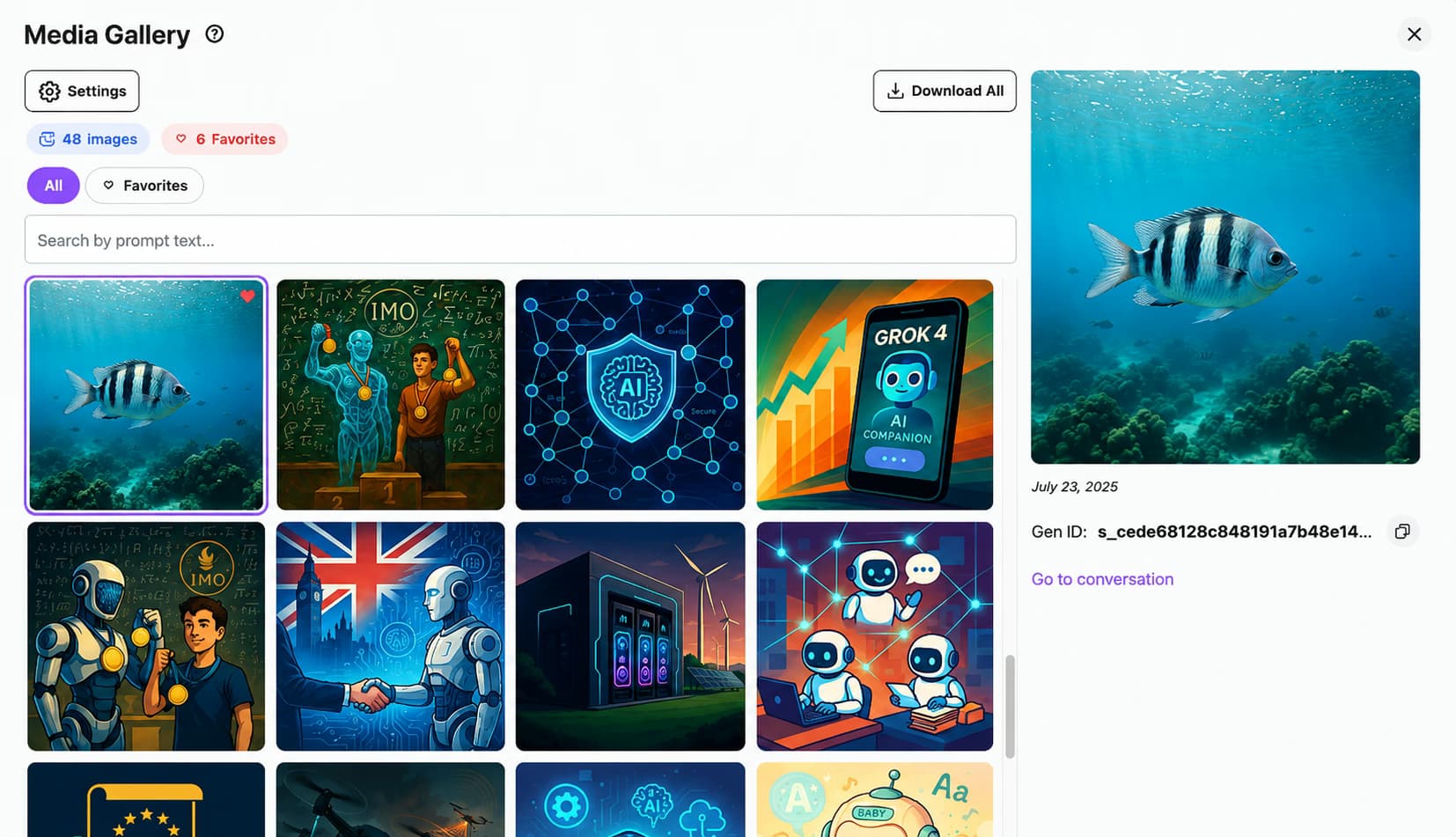 Media Gallery grid of 48 generated images with favorites filter, prompt search, image details, and Download All