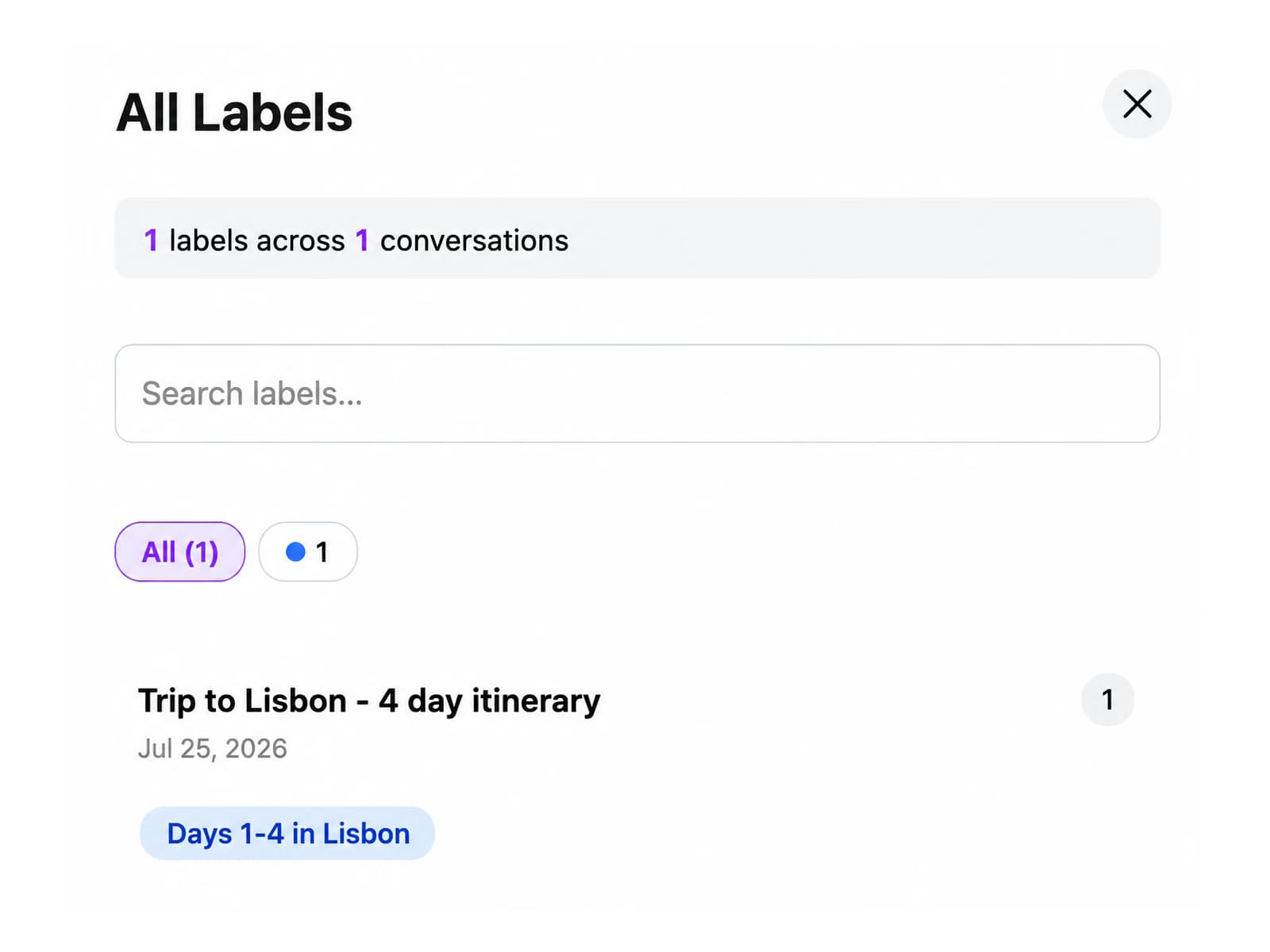 All Labels panel searching and filtering labels across conversations