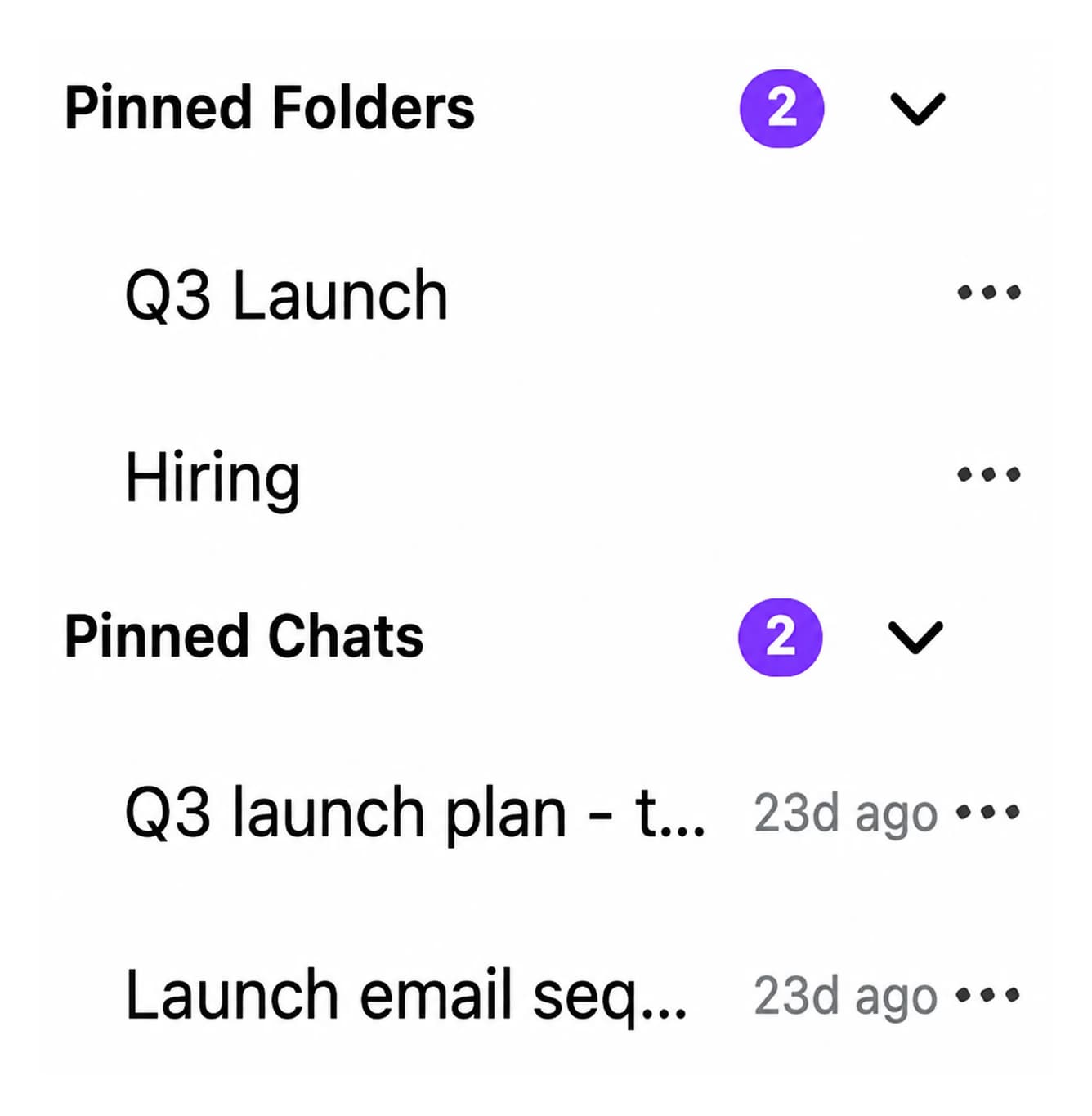 Pinned Folders and Pinned Chats sections at the top of the ChatGPT sidebar with count badges