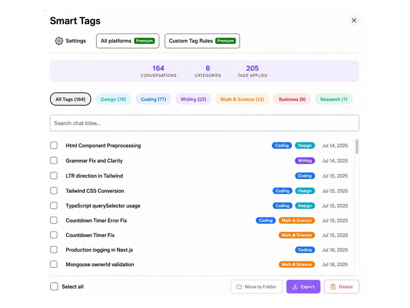 Smart Tags manager listing 164 conversations across 6 categories with filter chips, search, and bulk Move, Export, and Delete