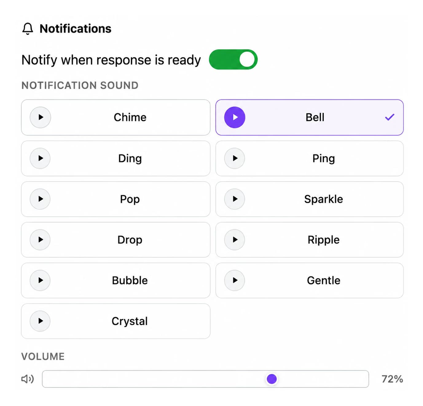 Notifications settings with 'Notify when response is ready' enabled, eleven notification sounds, and a volume slider