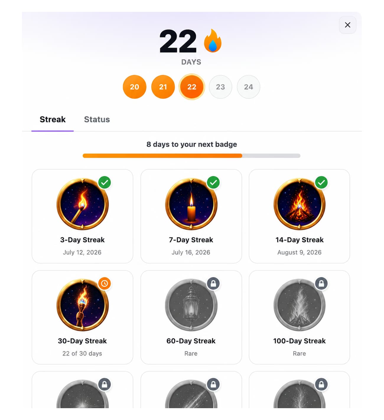 22-day streak with progress to the next badge and earned 3, 7, and 14-day streak badges