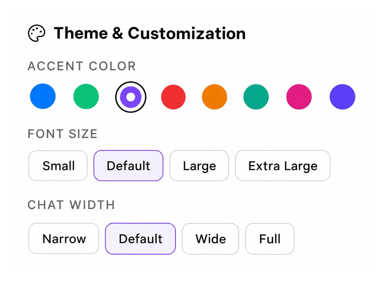 Theme and Customization panel with accent color swatches, font size, and chat width controls