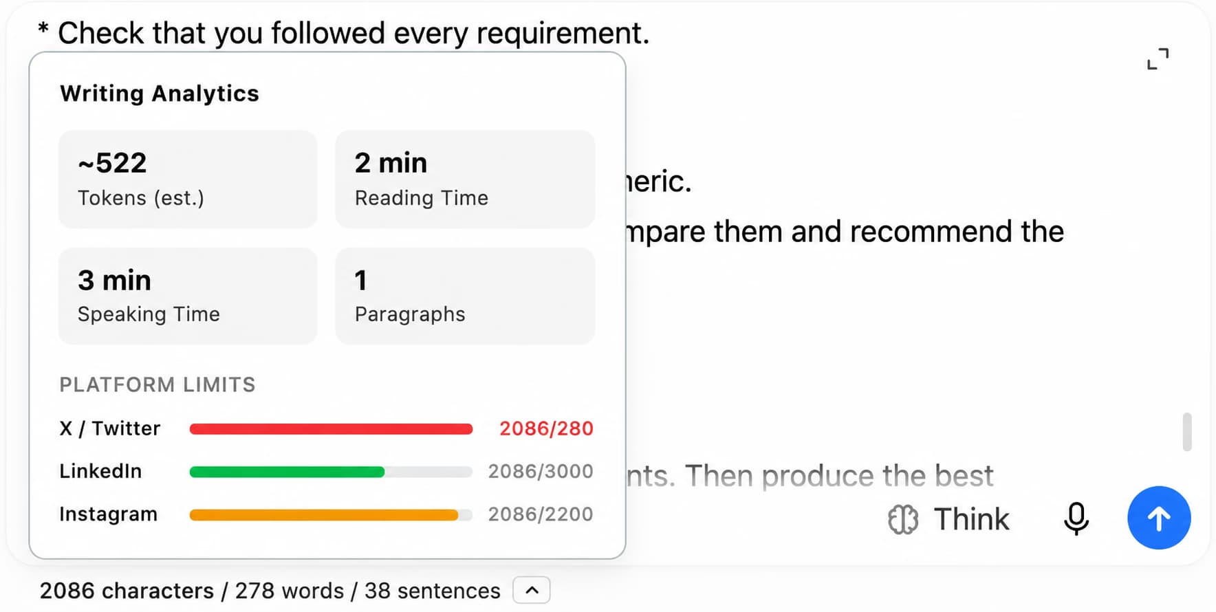 Writing Analytics popover over the ChatGPT compose box showing tokens, reading time, speaking time, and platform character limits