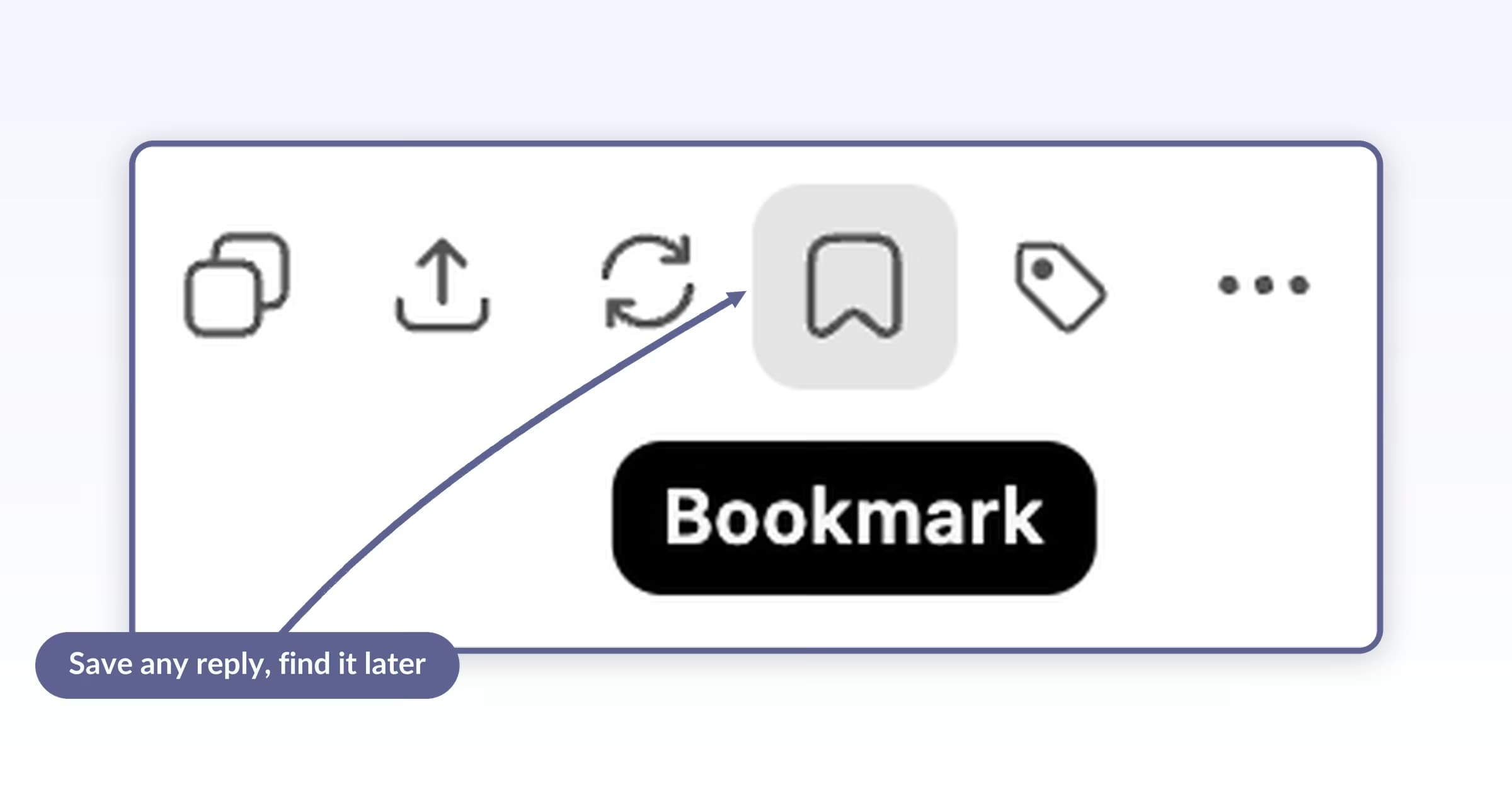 ChatGPT message action bar showing the AI Toolbox bookmark icon highlighted with a Bookmark tooltip below it