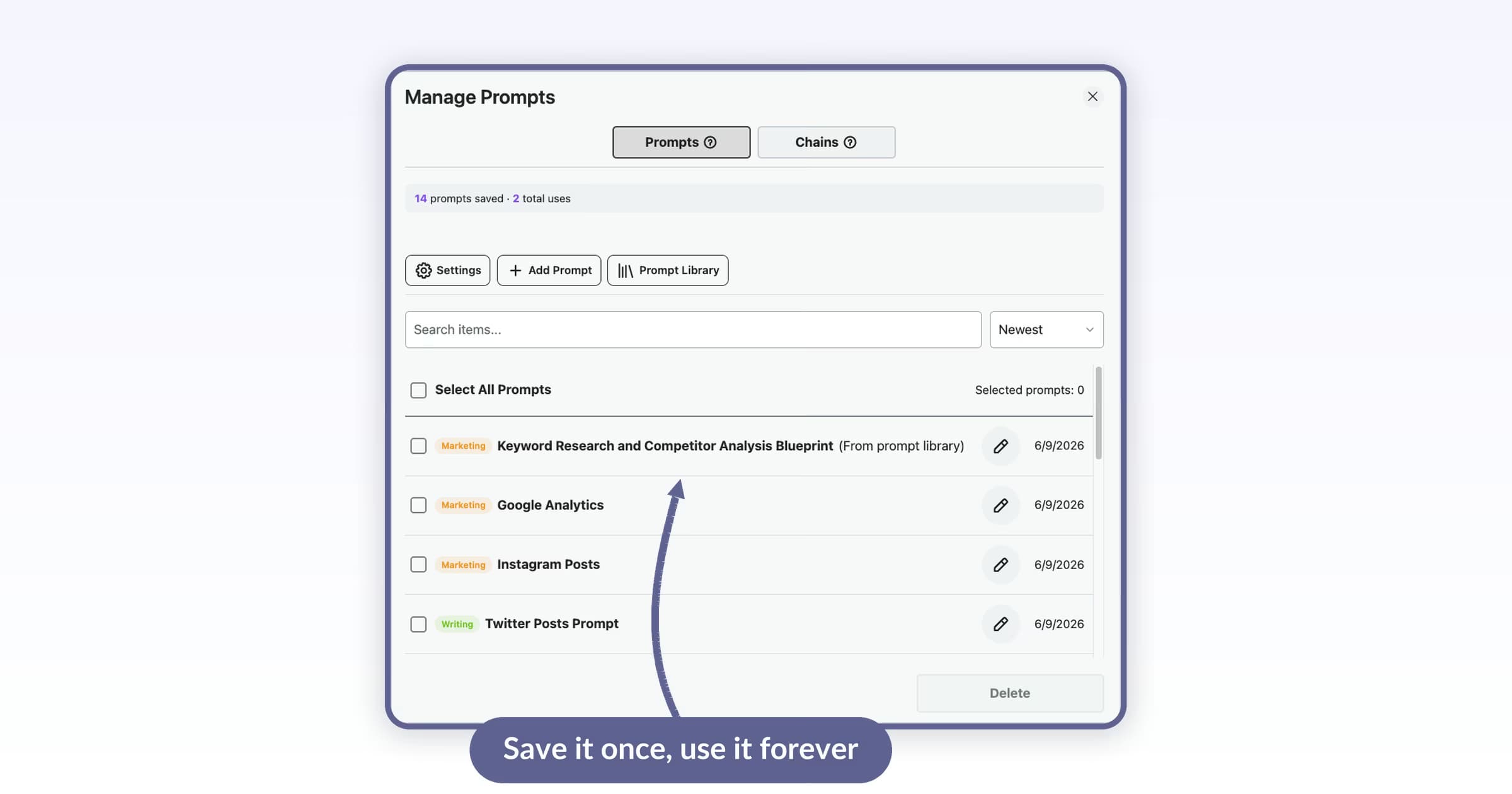 AI Toolbox Manage Prompts panel showing 14 saved prompts with Marketing and Writing category tags including Keyword Research, Google Analytics, and Instagram Posts