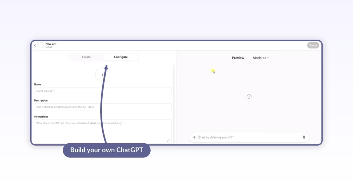 ChatGPT GPT Builder split view with Create Configure tabs on the left and Preview pane on the right