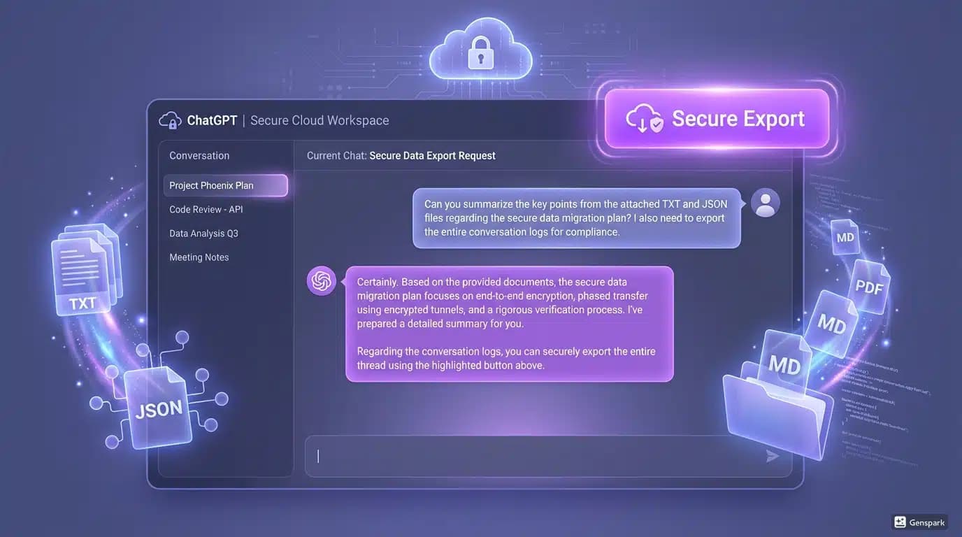 Modern, clean interface showing a ChatGPT conversation window with a prominent export button highlighted in bright purple. Digital documents and file icons floating from the screen into a secure cloud storage.