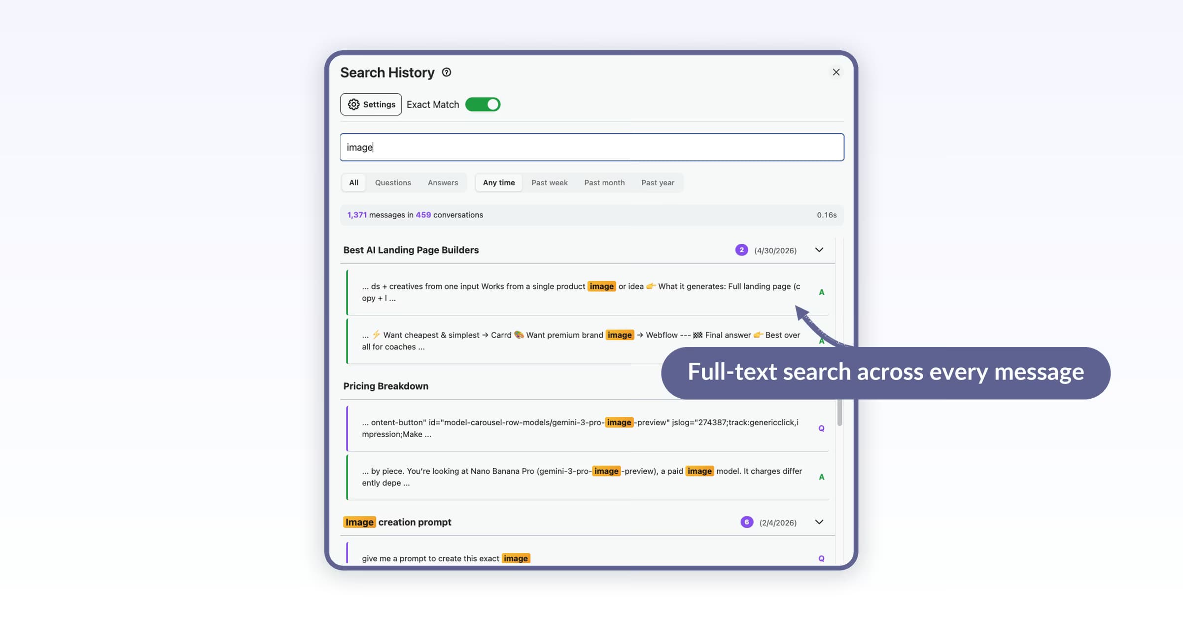 AI Toolbox Search History panel showing 1,371 messages matched in 459 conversations with highlighted message snippets