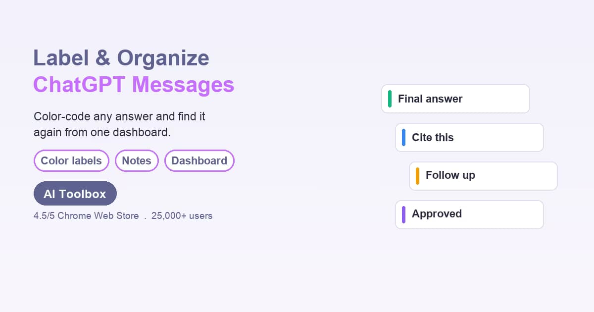 AI Toolbox All Labels dashboard on ChatGPT with color filter pills and labeled messages grouped by conversation