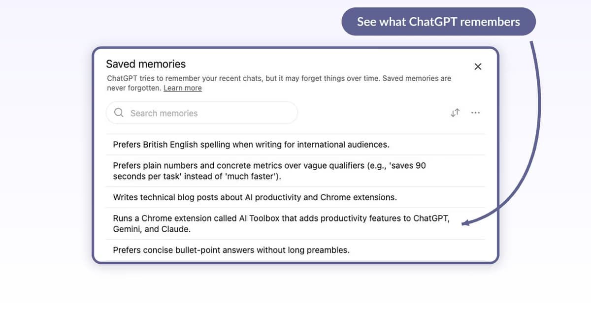 ChatGPT Personalization Manage memories panel listing five saved memory entries with timestamps