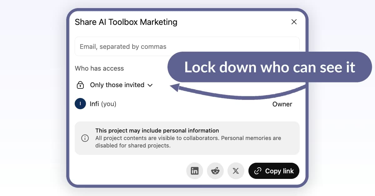 ChatGPT Project share dialog with the Who has access control set to Only those invited and a notice that all project contents are visible to collaborators