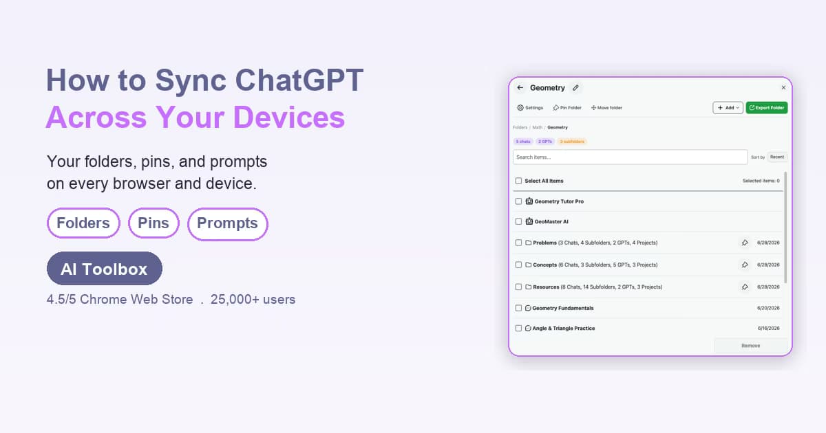 AI Toolbox folders and prompts on ChatGPT syncing across devices, with a live sync status indicator