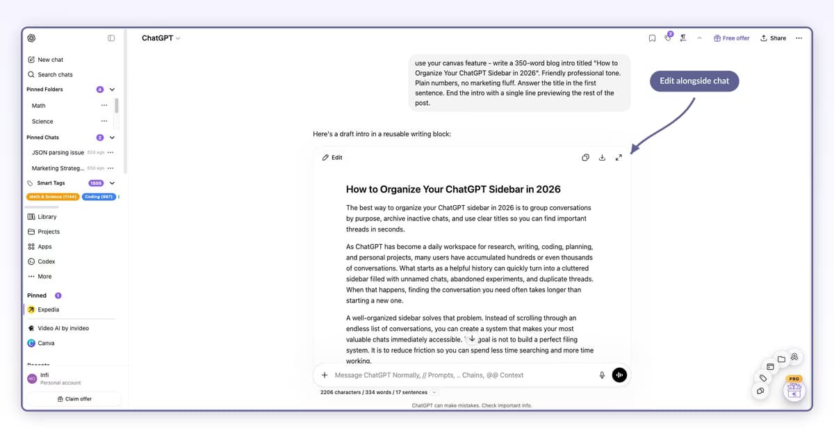 ChatGPT Canvas open in the side panel showing a populated draft and the Edit / Copy / Download / Expand header