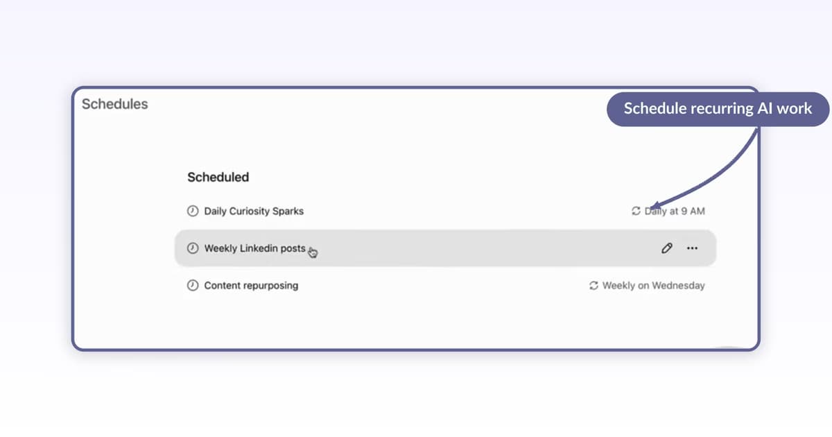 ChatGPT Schedules panel listing three scheduled tasks with cadence labels