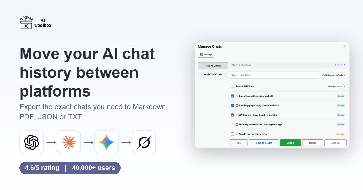 Moving AI chat history between ChatGPT, Claude, Gemini and Grok with AI Toolbox multi-format export