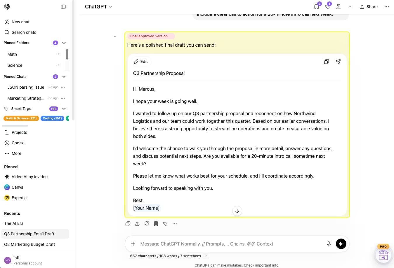 chatgpt.com left sidebar with AI Toolbox UI baked in: Search chats box at top, Pinned Chats section with Sales, Science, JSON parsing issue, Smart Tags chip group (Business), Projects, Codes, and conversation titles below. The main chat panel shows an assistant message marked with a yellow Message Bookmark label reading Final approved version above a polished Q3 partnership email draft.