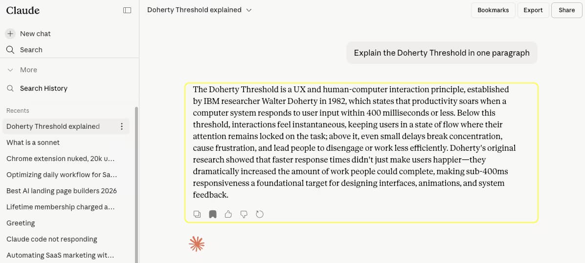 claude.ai conversation about Doherty Threshold explained showing the AI Toolbox Claude module Message Bookmarks feature. The assistant's paragraph response is highlighted with a yellow bookmark color label. Below the message a color picker with multiple color dots lets the user choose a bookmark category. Claude's left sidebar shows New chat, Search History, and recent conversations including Chrome extension solution analysis, Best AI image generators 2026, Adi Levi'im developer and founder, and Automating QuickBooks invoicing not responding.