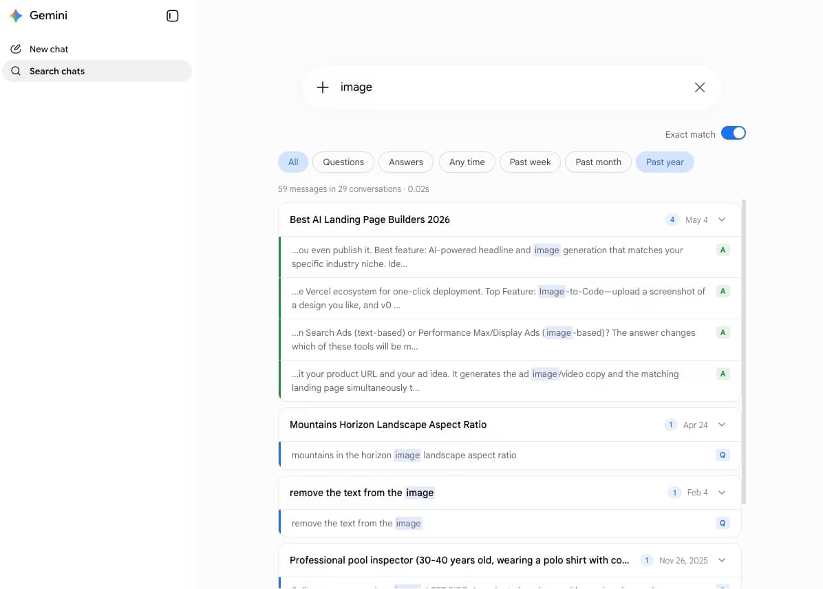 gemini.google.com showing AI Toolbox Gemini-module search inside Gemini's native layout. Search box with query image, Exact match toggle on, filter chips for All, Questions, Answers, Any time, Past week, Past month, Past year (Past year selected). Below the chips: 59 messages in 29 conversations searched in 0.02 seconds. Result cards for Best AI Landing Page Builders 2026, Mountains Horizon Landscape Aspect Ratio, remove the text from the image, and Professional pool inspector, each with snippets containing the highlighted word image and Q or A labels marking question vs answer source.