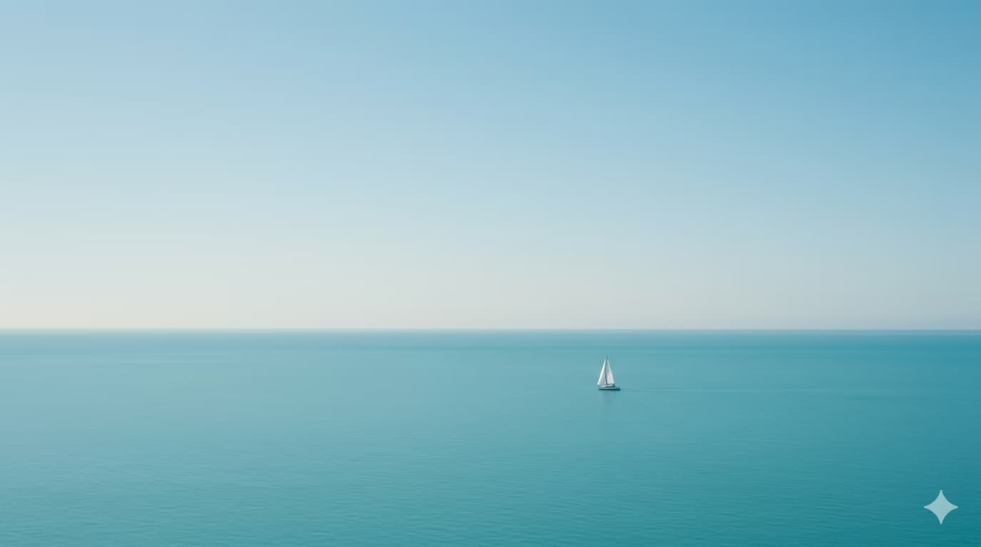 A Gemini seascape as downloaded from Gemini: calm ocean, one sailboat, and the pale four-point sparkle watermark in the lower-right corner