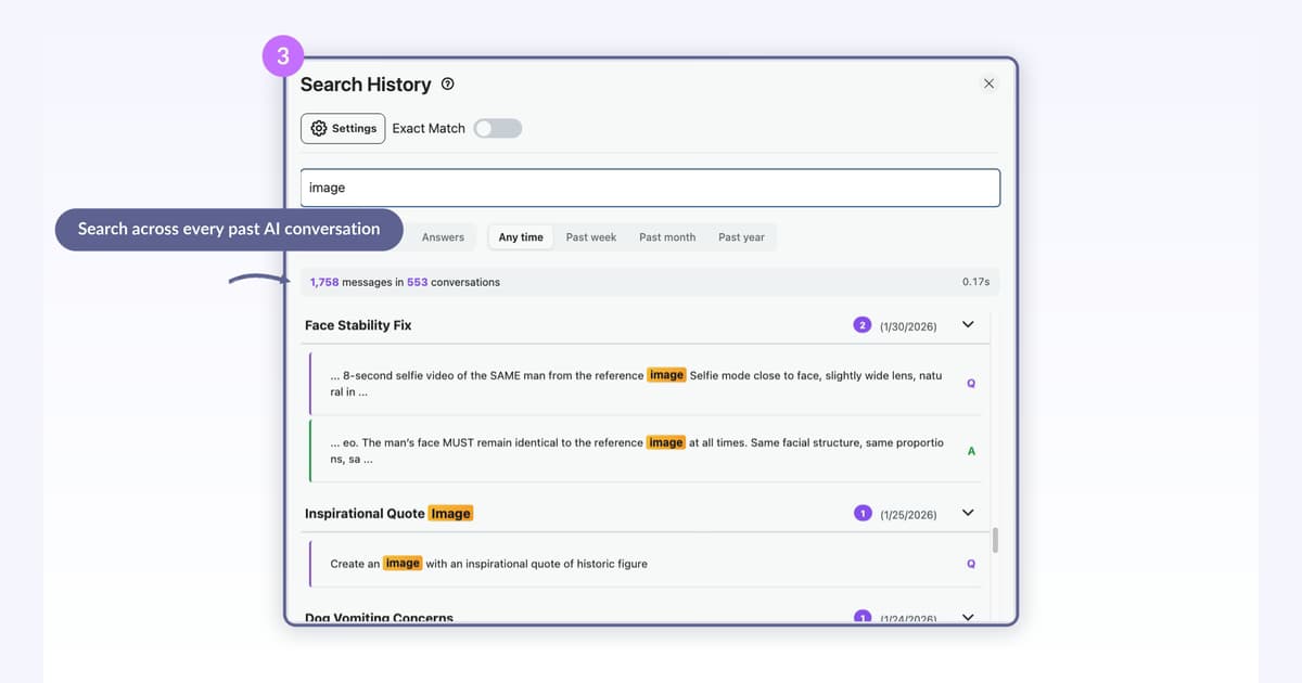 AI Toolbox search across ChatGPT, Claude, Gemini, and Grok conversations from one box