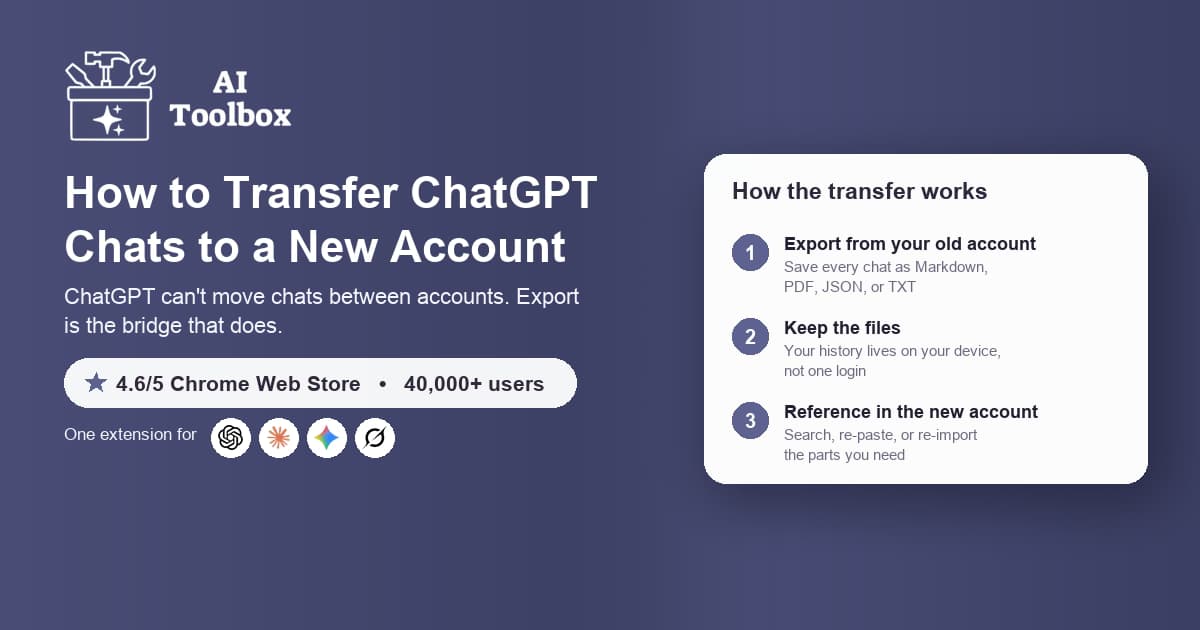 Transfer ChatGPT chats to a new account by exporting with AI Toolbox, 2026