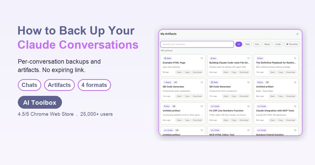 AI Toolbox backing up a Claude conversation history as portable files