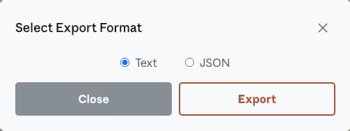 Claude Toolbox export menu on claude.ai showing TXT and JSON export