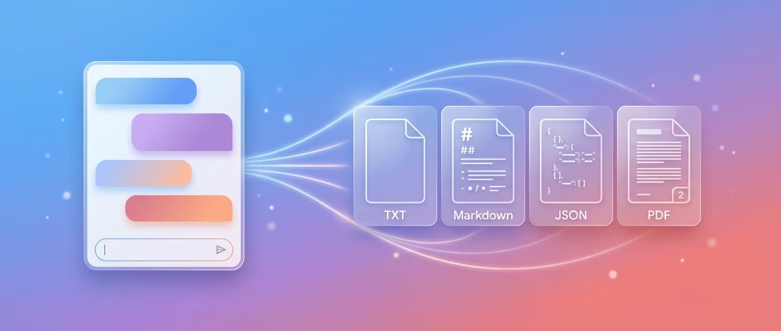 Gemini Toolbox export menu showing TXT, Markdown, JSON, and PDF options