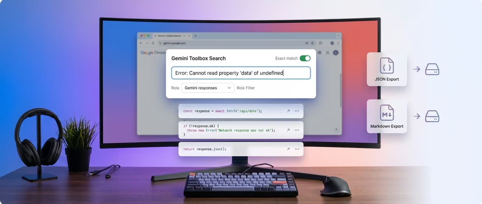 Developer using Gemini Toolbox to search past Gemini coding conversations by error message