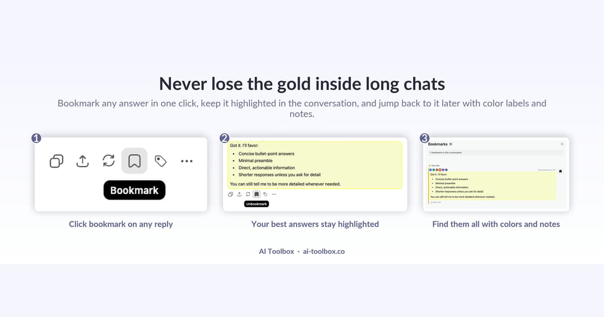 AI Toolbox bookmark icon on a Gemini message with the Bookmarks panel showing color-coded saved replies